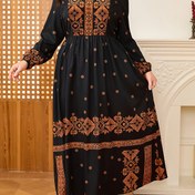 Resim Plus Beden, Kadınlar İçin Şık Plus Size Maksi Elbise - Siyah & Turuncu-Kahverengi Akıcı Formal ve Yarı-Formal Kıyafet, Makinede Yıkanabilir Esnek Olmayan Kumaş, Parti, Ofis, Günlük Giyim - İlkbahar/Sonbahar Koleksiyonu, Zarif Elbise, Orta Doğu Tarzı, Çiçek Desenli V-Yaka Uzun Kollu Elegans 