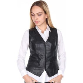 Resim Deriwork Hakiki Deri Siyah Casual Fermuarlı Kadın Deri Yelek Siyah 