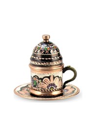 Resim Gül Çiçek Bakır Kahve Takımı 