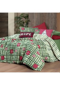 Resim Larasi King Size Battal Boy %100 Pamuk Flanel Pazen Nevresim Takımı Yeşil Yeşil 