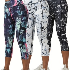 Resim 3 adet Kadın Yüksek Bel, Yan Cep, Baskılı Tayt - Zarif, Esnek, Hızlı Kuruyan, Koşu ve Yoga Pantolonu, Bağcıklı Bel, Bahar/İlkbahar/Sonbahar Modası, Yoga Giyim | Canlı Baskılı Tayt | Rahat Ayakkabılar, Yoga Pantolonları 