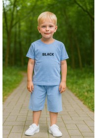 Resim Black Baskı Fitillli Şortlu Basic Kız Erkek Çocuk Yazlık Şortlu Takım Mavi 