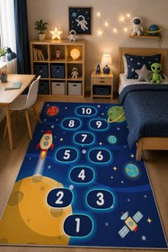 Resim NORELLAHOME Uzay Temalı Seksek Oyun Halısı Kaymaz Taban Yıkanabilir Çocuk Odası Halısı Roket Desenli 