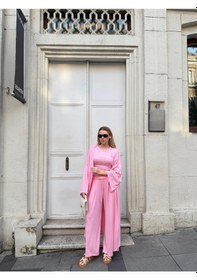 Resim Bonacosa Kadın Viskon 3 Lü Takım Kimono + Beli Lastikli Salaş Pantolon + Sıfır Kol Kolsuz 8 Renk Pembe 