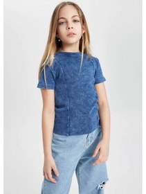 Resim DeFacto Kız Çocuk Slim Fit Dar Kesim Bisiklet Yaka Fitilli Kaşkorse Kısa Kollu Tişört C3187A824SMBE341 Mavi 