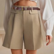 Resim Kadınların Yüksek Bel Geniş Bacaklı Şortları - Düz Renk Bej, Uyumlu ve Şık, İşe Giderken ve Günlük Gezilerde, Altın Tokalı Ayarlanabilir Kemer, Polyester Karışımı, Makinede Yıkanabilir, Yüksek Bel Şortlar 