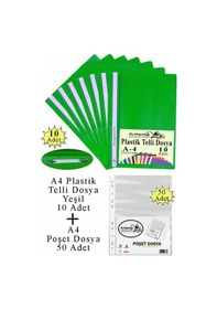 Resim Telli Dosya Plastik A4 10 Lu Ve Poşet Dosya 50 Li 1 Paket Ekonomik Kaliteli Şeffaf Kapak Telli Dosya Okul Büro Ofis Yeşil 