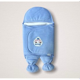 Resim Yenidoğan Araba Nakışlı Fitilli Kadife Ayaklı Erkek Bebek Kundak Mavi Mavi 