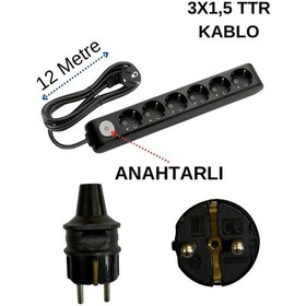 Resim Avarson 6'lı Altılı Priz Topraklı Anahtarlı Kablolu Siyah 3x1,5 Ttr 12 On İki Metre 