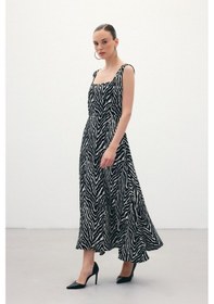 Resim Sateen Kare Yaka Zebra Desenli Elbise - Siyah-136360 Siyah 
