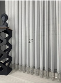 Resim Tül Perde Etek Aplike Eritme Bertu Desen Gri İşleme Ekru 