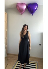 Resim Kadın Askılı Kare Yaka Yırtmaçlı Midi Janjan Krep Elbise Çok renkli 