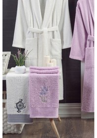 Resim 4lü Bornoz - Nakışlı Havlu Seti Cora Leylak - Erkek Krem S/m Leylak - Erkek Krem 