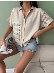 Resim Adisia Kadın Keten Oversize Krem Dantel Detay Kısa Kollu Gömlek Krem 