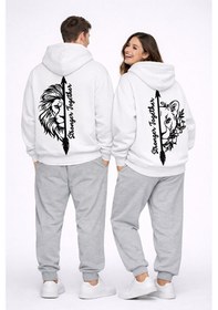 Resim Stronger Together Yazılı Aslan Kaplan Baskılı Beyaz Sevgili Kombi Beyaz 