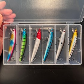 Resim Kutu başına 6 adet Minnow Yüzey Balıkçılığı Yemleri, 3D Gerçekçi Gözler ve Lazerle İşlenmiş Yüzme Özellikli Yüzen Cazibeler Açık Hava Balıkçılık Yemek Seti 