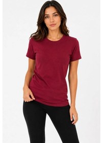 Resim Kadın Basic Tişört Bisiklet Yaka Kısa Kol Günlük Yazlık Slim Fit T-shirt - Bordo 