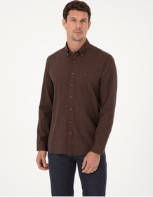 Resim Cacharel Koyu Kahverengi Slim Fit Pamuk Karışımlı Yakası Düğmeli Flanel Gömlek 