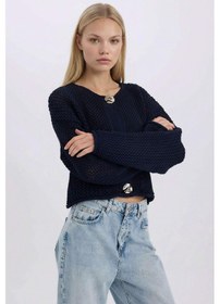 Resim Defacto Relax Fit Bisiklet Yaka Düğmeli Örgü Desenli Triko Hırka E1962AX24WNNV131 Lacivert 