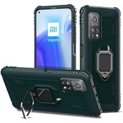 Resim Xiaomi Mi 10t / 10t Pro İçin 360 Derece Dönen Halka Tutuculu Karbon Fiber Koruyucu Kılıf Yeşil 