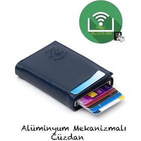 Resim Bürke Çok Gözlü Akıllı Kredi Kartlık Kartvizitlik Otomatik Unisex Cüzdan Mekanizmalı Deri Cüzdan - Lacivert 