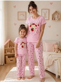 Resim Aliş Kids Anne-kız Çocuk Pamuklu Pembe Tavşan Desenli Kısa Kollu Bisiklet Yaka Yazlık Pijama Takımı 
