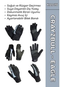 Resim Crazybull Eagle Gri Su Ve Rüzgar Geçirmez Kışlık Kadın Motosiklet Eldiveni + Buff 