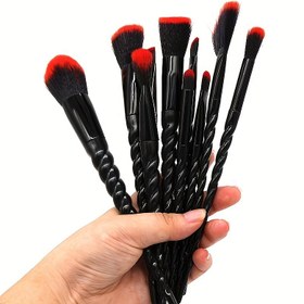Resim 10 Parça Makyaj Fırçası Seti Siyah Tek Boynuzlu At Fırça Sapı Fiber Kıl Tam Set pudra allık Pudra göz farı Fırçası Çok işlevli Makyaj Araçları 