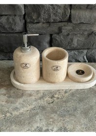 Resim Light Traverten Doğal Taş 4'lü Elips Tepsili Banyo Seti Beyaz 