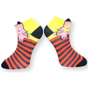 Resim Me-vo Tekli Turuncu Renkli Bay/bayan Unisex Esnek Nem Alabilen Pamuklu Kedi Desenli Patik Çorap Turuncu 