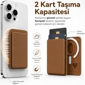 Resim Coverzone MagSafe Uyumlu Manyetik Kartlık Cüzdan, 2 Kart Kapasiteli Telefon Kartlığı, Güçlü Mıknatıslı İnce Kart Tutucu Kahverengi 