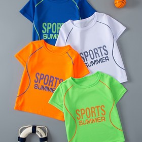 Resim 4 Paket Erkek Çocuk Yaz Spor T-Shirtleri, Dize Baskılı Rahat Yuvarlak Yaka Kısa Kollu Örgü Üstler, Koşu ve Basketbol için Bol Kesim, Genç Spor Giyim 