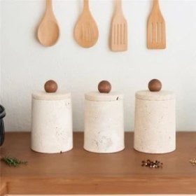 Resim Akayev Mermer Traverten Ahşap Kulplu 3lü Baharatlık 