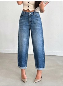 Resim Kadın Bilek Boy Mom Fit Kot Pantolon Mavi Mavi 
