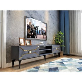Resim Yummedi Tv Ünitesi 2 Raflı, 2 Kapaklı Antrasit-altın 