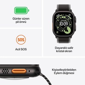 Resim Apple Watch Ultra 3 GPS + Cellular 49 mm Koşu ve Çoklu Spor İçin Sağlam Titanyum Siyah Kasaya Sahip Üst Düzey Akıllı Saat ve Siyah/Kömür Trail Loop - S/M 