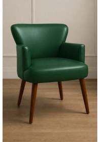 Resim Waterybrook Tekli Berjer Koltuk - Suni Deri - Ceviz Ahşap Ayaklı - Modern Retro Tasarım - Ofis Ve Salon Koltuğu Yeşil 