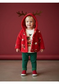 Resim Zekids Kız Bebek Peluş Montlu Yılbaşı Temalı 3'lü Eşofman Takım-16559 Kırmızı 