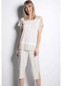 Resim Monamise Kadın Önü Düğmeli Brode Dantelli Kapri Takımı Ekru 