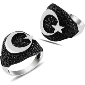 Resim modasilvers 925 Ayar Gümüş Mikro Taş Işlemeli Ay Yıldız Yüzük 