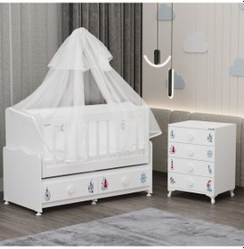 Resim Elegant Mdf Çıtalı Beşik + Şifonyer Yatak Uykuseti - Denizci Beyaz 