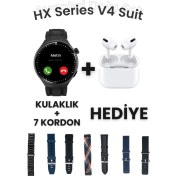 Resim Hx Series V4 Yuvarlak Akıllı Saat, 7 Kordon ve Kulaklık Hediyeli Siyah 