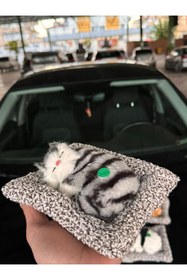Resim CAR Gri Tekir Desenli Peluş Sesli Uyuyan Kedi Figürü - Oto Dekor Hediyelik Biblo 