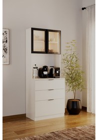 Resim Sierra Temperli Cam Kapaklı Ledli Kahve Köşesi Mutfak Kiler Dolabı Beyaz Beyaz 