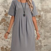 Resim [1 adet Kadın Düz Renk Cep Elbisesi] Kadın Pamuklu Tunic Elbise, Crew Yaka, Kısa Kollu, Düz Renk, Cep Detaylı, Tüm Mevsimler İçin 