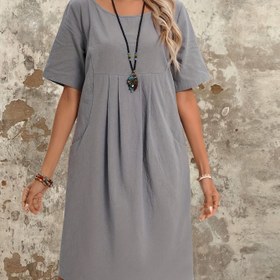 Resim [1 adet Kadın Düz Renk Cep Elbisesi] Kadın Pamuklu Tunic Elbise, Crew Yaka, Kısa Kollu, Düz Renk, Cep Detaylı, Tüm Mevsimler İçin 