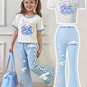 Resim Sanrio Hello Kitty Büyük Kulaklı Kız Çocukları İçin Kalp Desenli Kısa Kollu Yuvarlak Yaka Tişört + Dar Kesim Geniş Paça Pantolon İkili Takım, Dış Mekan İçin Mükemmel 
