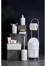 Resim 7 Parça Beyaz Banyo Seti Metal Stantlı Kovalı Wc Kağıtlık Kozmetik Kutusu Diş Fırçalık Ve Sabunlukla Açık Gri 