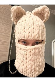 Resim BurDen Dekoratif Ürünler & Tasarım Yetişkin Boy Açık Kahverengi Puffy Kar Maskesi , Trend Bere Balaklava Maske 