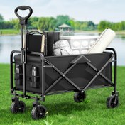 Resim 1 Adet Siyah Katlanabilir Çok Amaçlı Bahçe Arabası - 360° Her Yerde Kullanılabilen Tekerlekler, Güvenlik Kolları ve Yıkanabilir Kumaş - Kamp, Spor, Çim Bakımı, Alışveriş İçin Uygun Hafif Metal Şasi, Taşınabilir Dayanıklı Bagaj Taşıma Arabası, Katlanır Tasarım, Sağlam Yapı 
